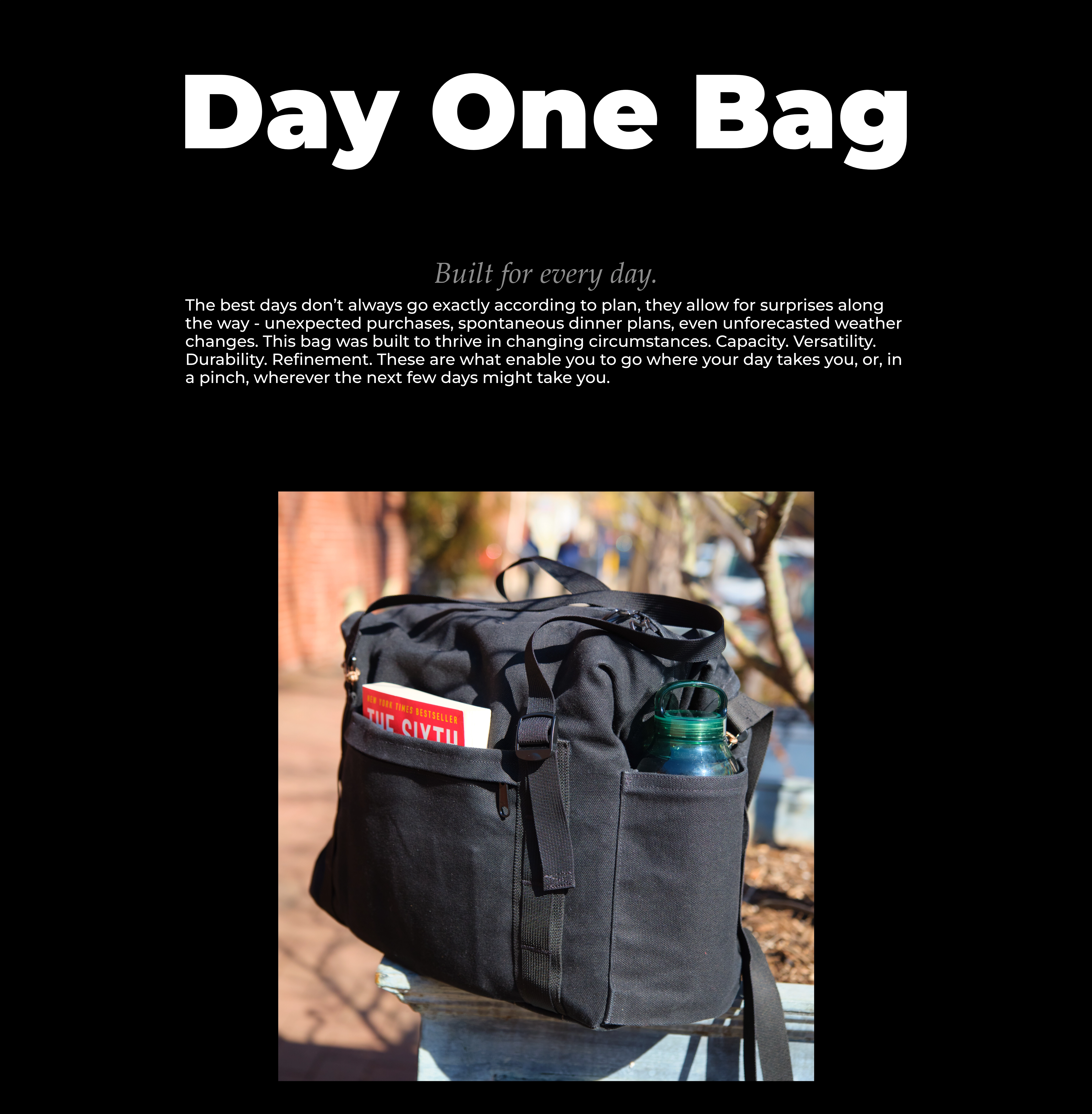 Day Out Bag filled with daily items including a book and water bottle